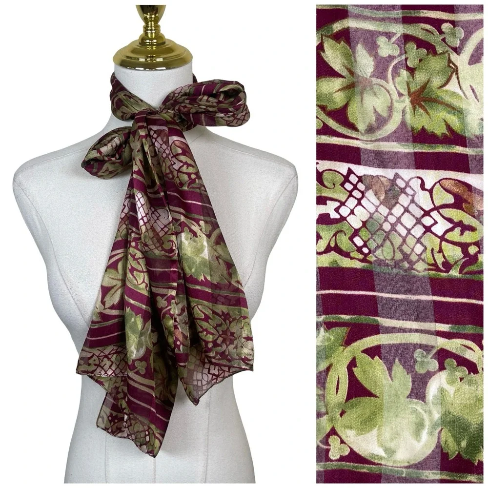 Vintage Scarf Floral Botanical Print Womens Burgundy Green Sheer Dark Academia
